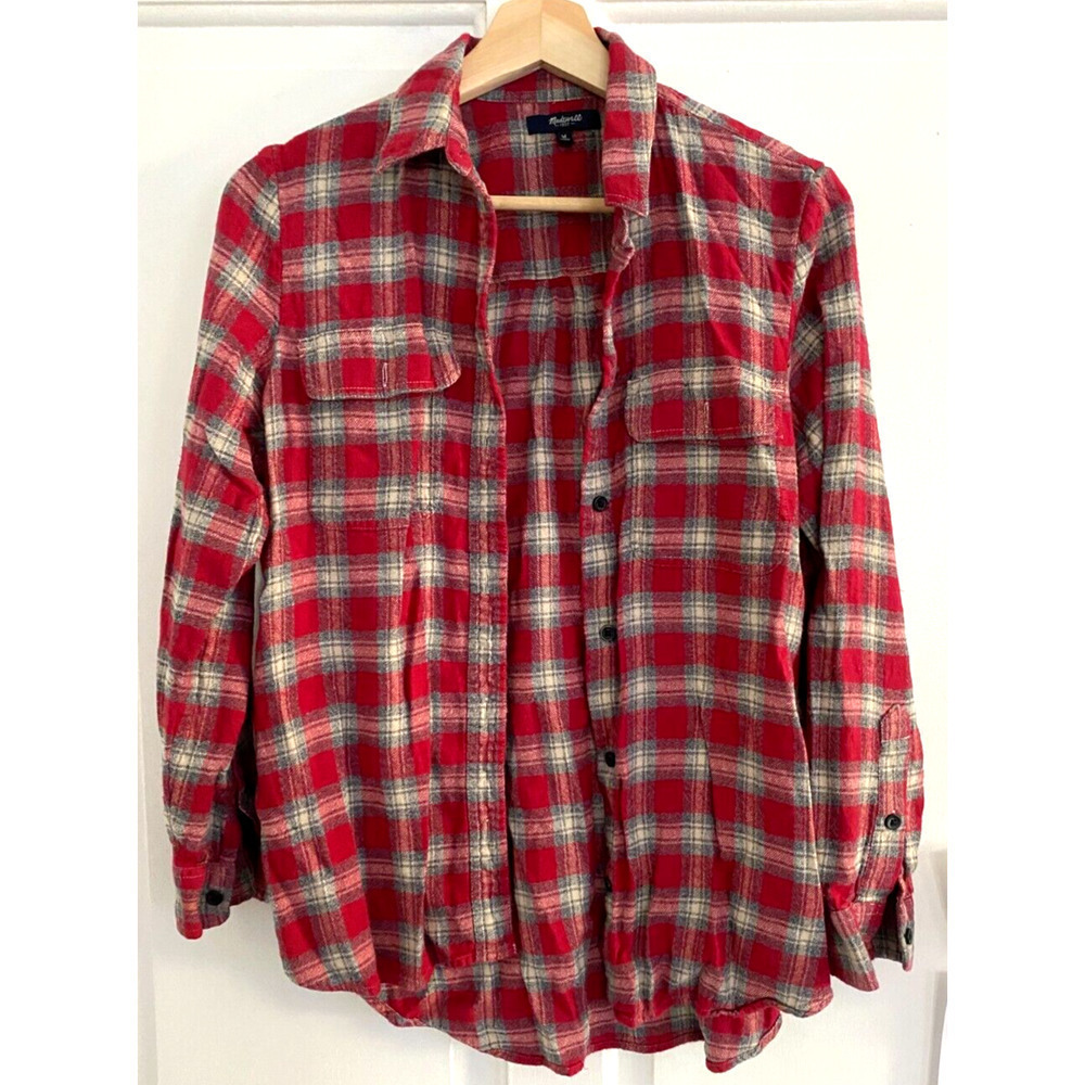 Madewell Womens Size M Red Plaid Long Sleeve Button Up Shirt Pockets Oversized